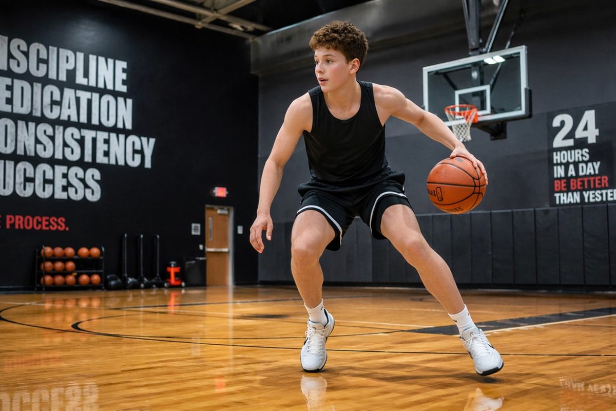 Kid dribbling basketball on court