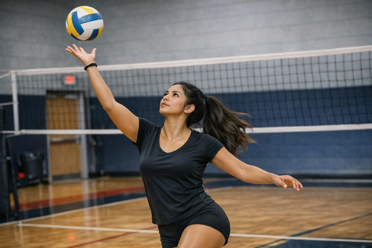 Woman serving volleyball on court
